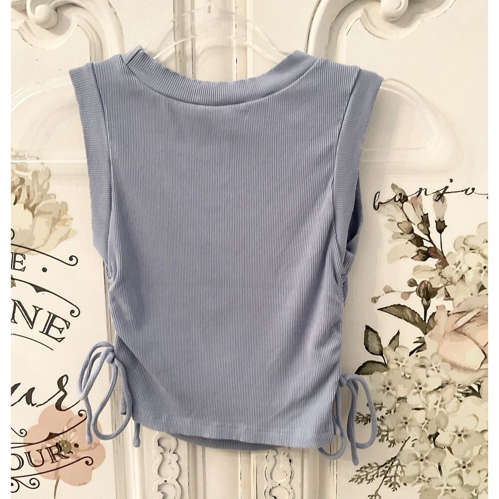 Lulus New Level Tank Women's XS Dusty Blue Ribbed Ruched Cropped Top - Picture 8 of 13